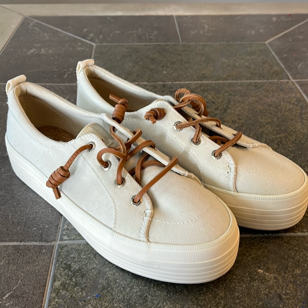 Sperry Cream Canvas Platform Sneakers with Brown Laces